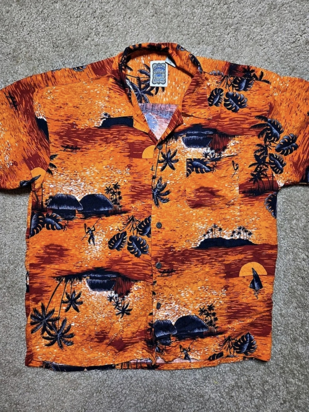 Ocean Current Vintage Orange Sunset Tropical Island Hawaiian Button Up Shirt XL